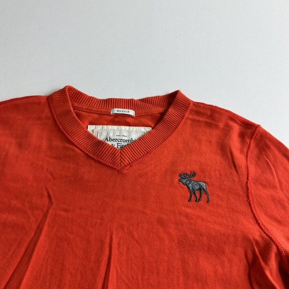 Abercrombie and Fitch Sweater Mens Large Muscle V Neck Orange Long Sleeve Cotton - Picture 3 of 9
